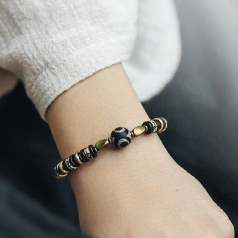 Ebony Wood & Dzi Bead Bracelet with Copper Accents for Grounding Strength