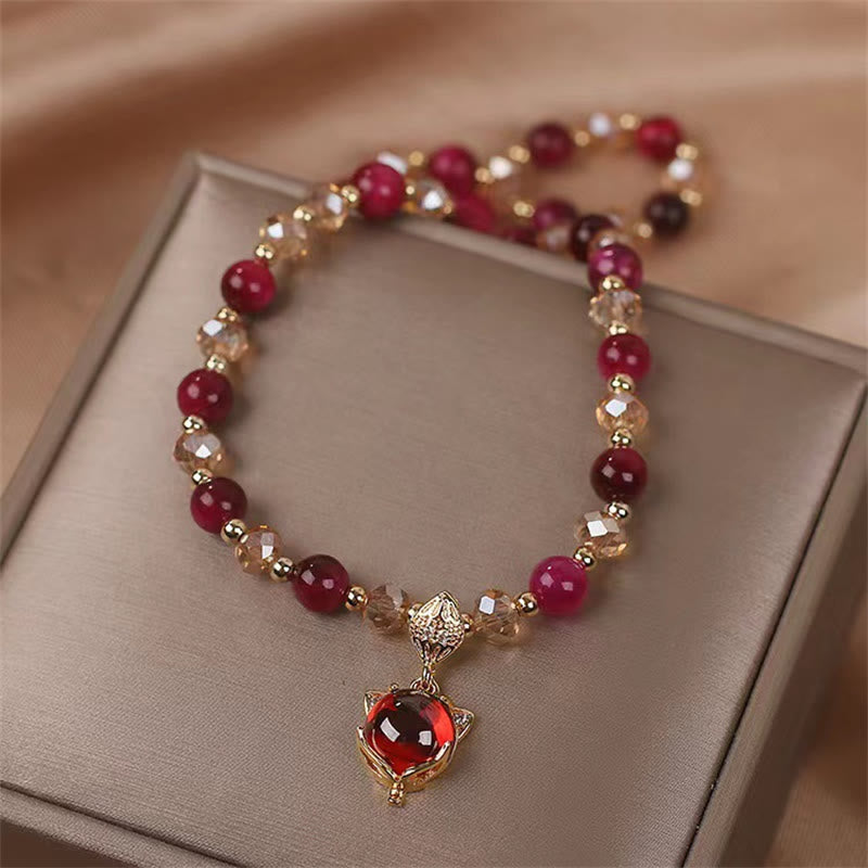 Red Tiger Eye Fox Charm Double Wrap Beaded Bracelet
