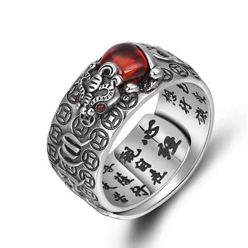 Garnet & Copper Heart Sutra Adjustable Ring with Pixiu, Money Frog or Vajra