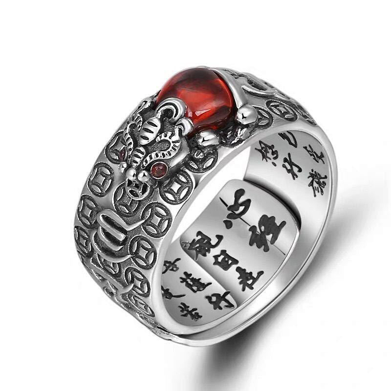 Garnet & Copper Heart Sutra Adjustable Ring with Pixiu, Money Frog or Vajra