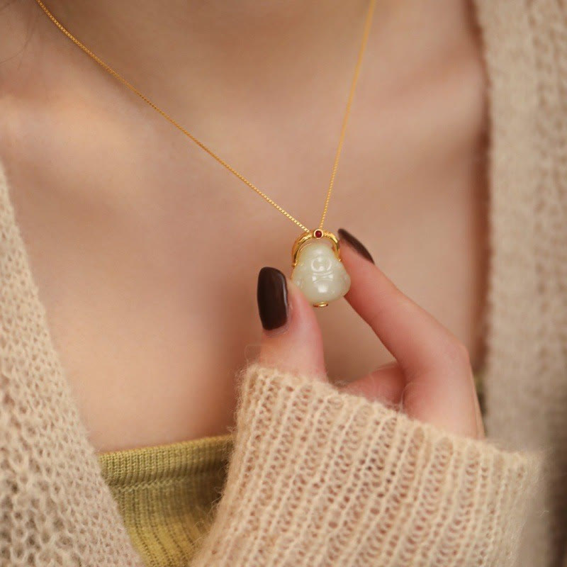 925 Sterling Silver Natural Hetian Jade Laughing Buddha Abundance Chain Necklace Pendant