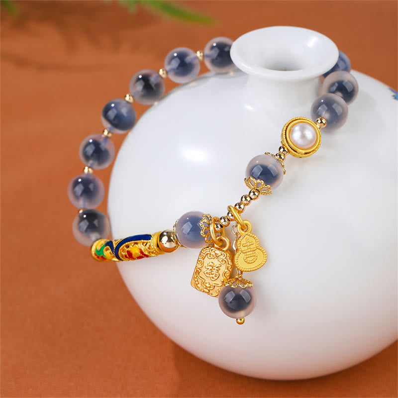 Natural Blue Candy Agate and Copper Amulet Beaded Strength Bracelet