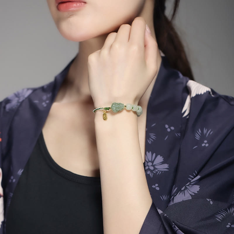 Handcrafted Natural Hetian Jade Pixiu & Fu Character String Bracelet