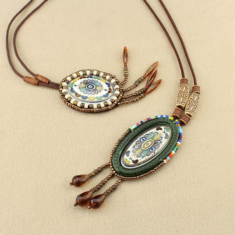 Mandala Pattern Geometric Creativity Pendant Necklace with Colorful Beads