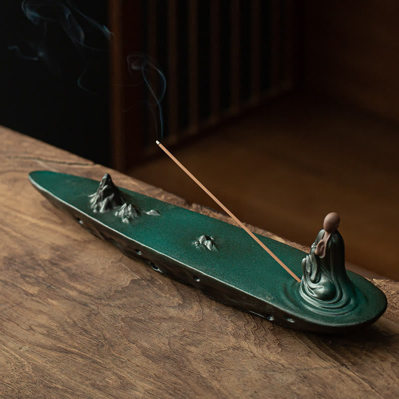 Minimalist Ceramic Monk Sea Wave and Mountain Landscape Incense Burner