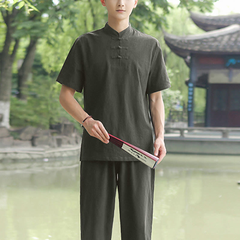 2Pcs Men's Short Sleeve Shirt Top T-Shirt Pants Meditation Zen Tai Chi Cotton Linen Clothing Set