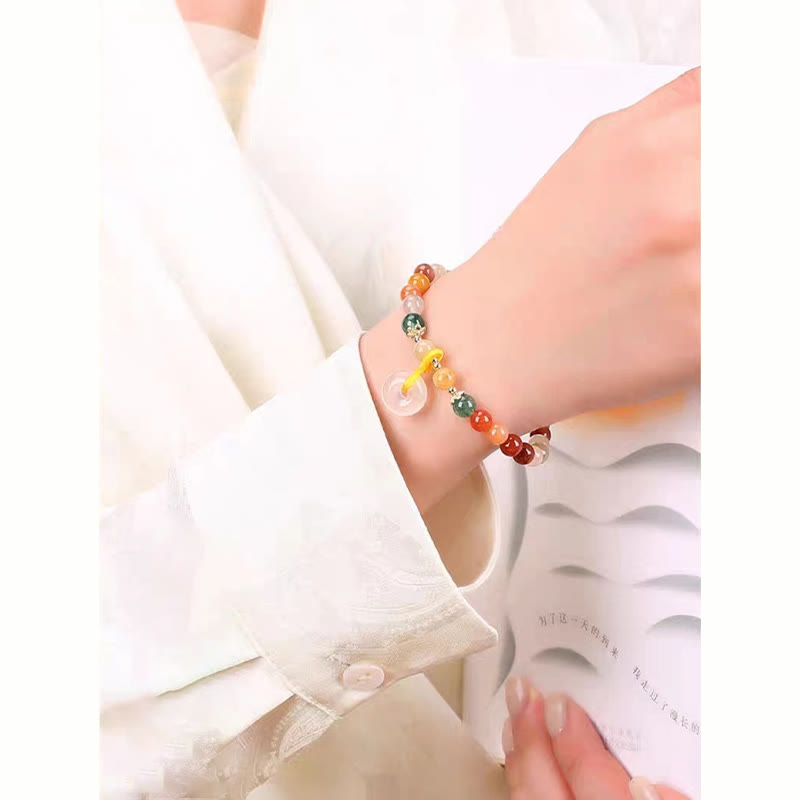 14K Gold Plated Golden Silk Jade and Green Strawberry Quartz Ping An Kou Bracelet