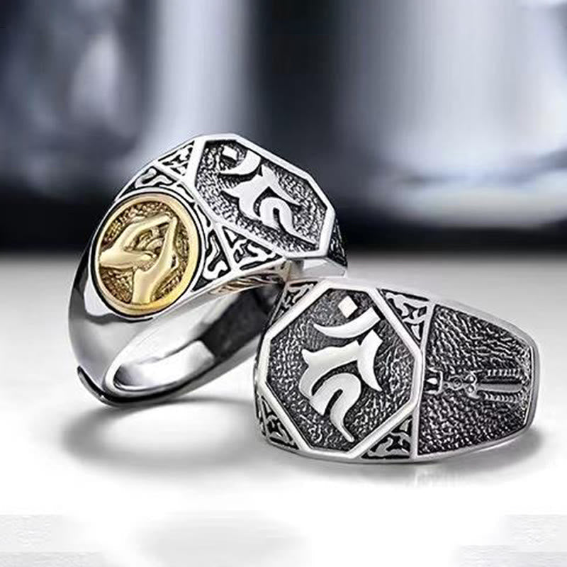 925 Sterling Silver Sanskrit Design Carved Protection Adjustable Ring