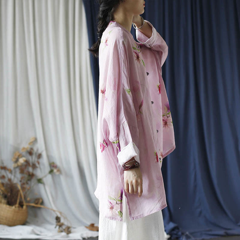 Pink Flower Print Frog-button Design Batwing Long Sleeve Ramie Linen Jacket Shirt