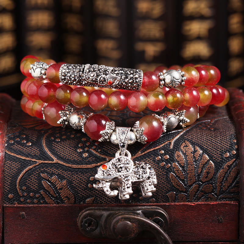 Natural Watermelon Tourmaline PiXiu Elephant Positive Triple Wrap Bracelet