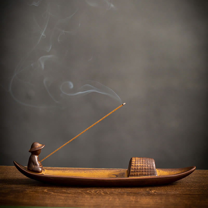 Handcrafted Ceramic Fisherman Zen Scene Healing Incense Burner