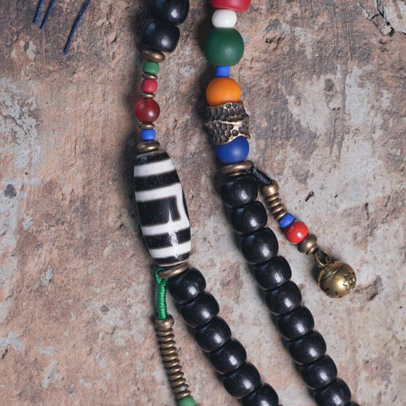 108 Beads Mala Ebony Wood Dzi Bead Copper Balance Tassel Bracelet