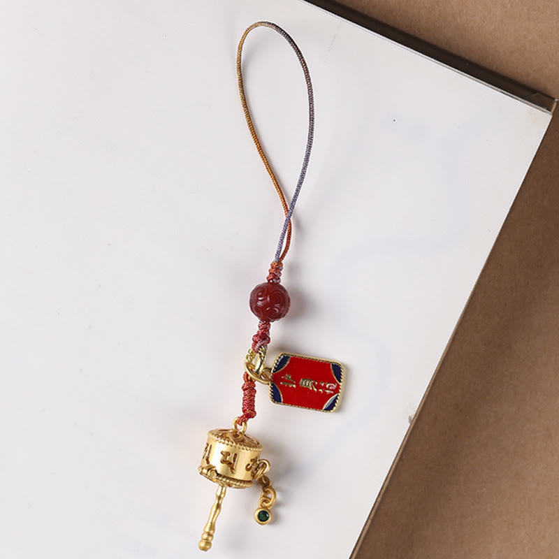 Tibetan Copper Om Mani Padme Hum Prayer Wheel & Red Agate Phone Charm