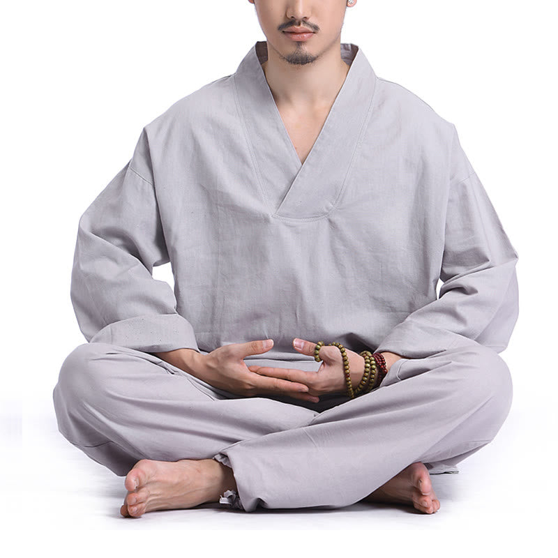 Meditation Prayer V-neck Design Cotton Linen Spiritual Zen Practice Yoga Clothing Men's Set