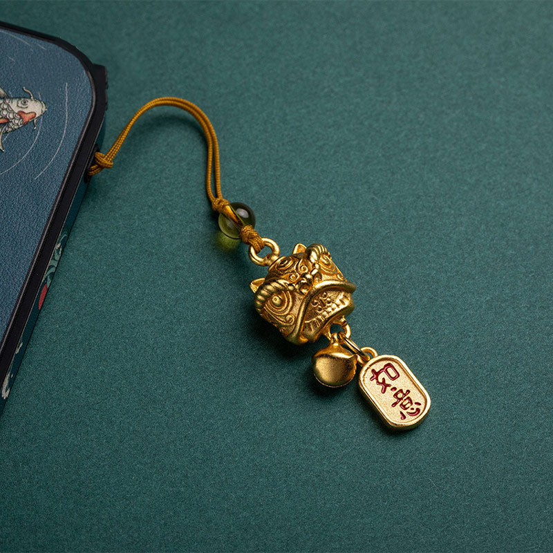Dancing Guardian Lion Brass Copper Phone Charm with Ping An Kou & Ruyi Symbols