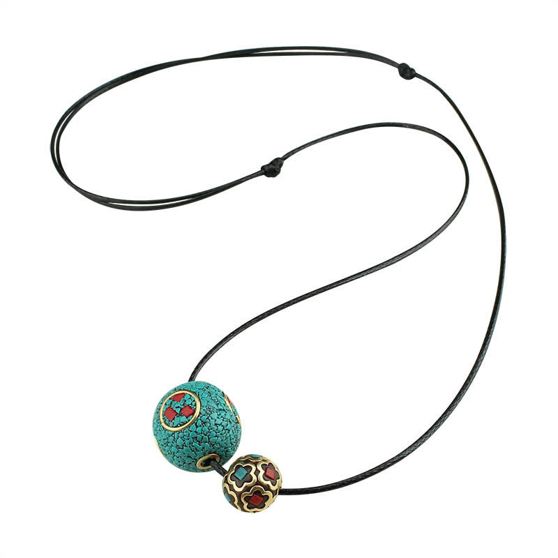 Tibetan Turquoise Double Bead Protection Strength Necklace Pendant