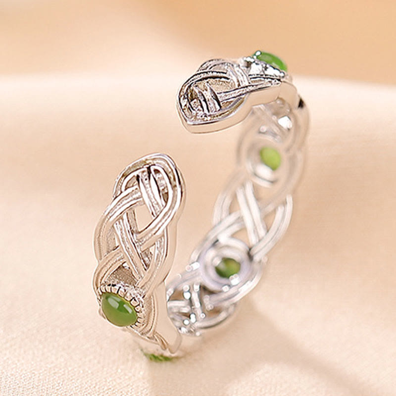 925 Sterling Silver Plated Gold Cyan Jade Braided Design Success Luck Adjustable Ring