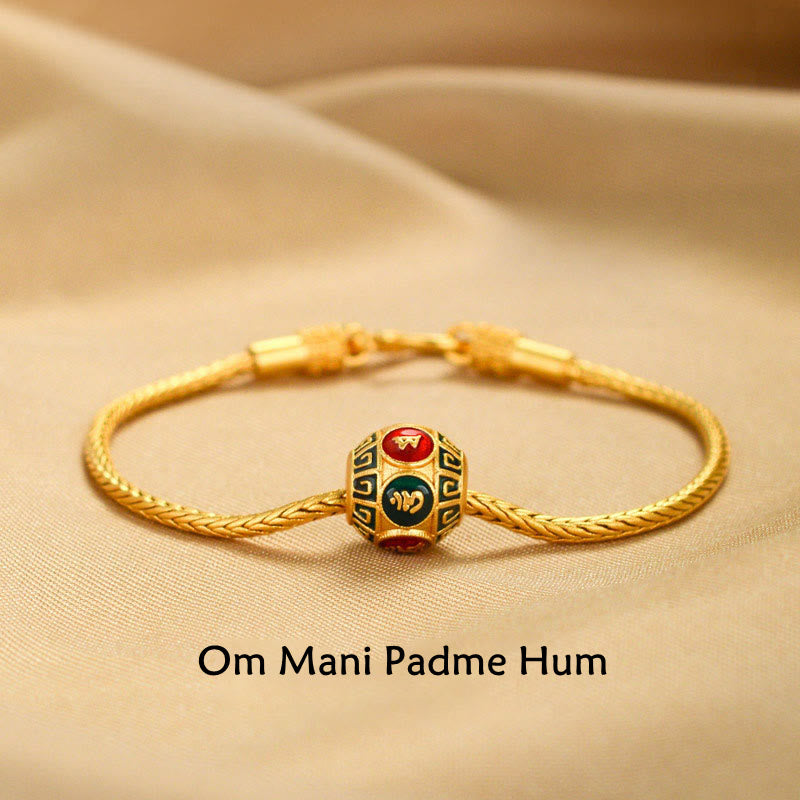 Tibetan 18K Gold Om Mani Padme Hum Lucky Koi Fish Fu Character Ingot Copper Coin Peace Bracelet