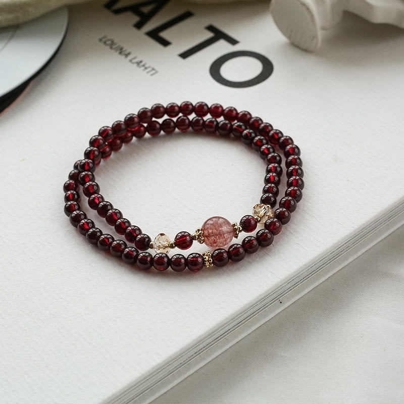14K Gold Plated Natural Garnet Strawberry Quartz Stability Double Wrap Bracelet