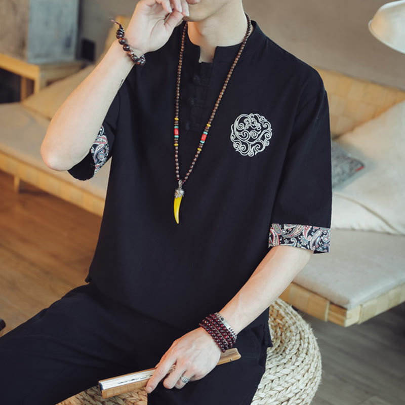 Frog-Button Dragon Embroidery Chinese Tang Suit Short Sleeve Shirt Linen Men Clothing