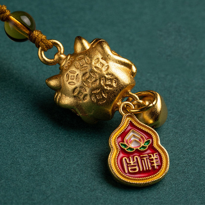 Dancing Guardian Lion Brass Copper Phone Charm with Ping An Kou & Ruyi Symbols