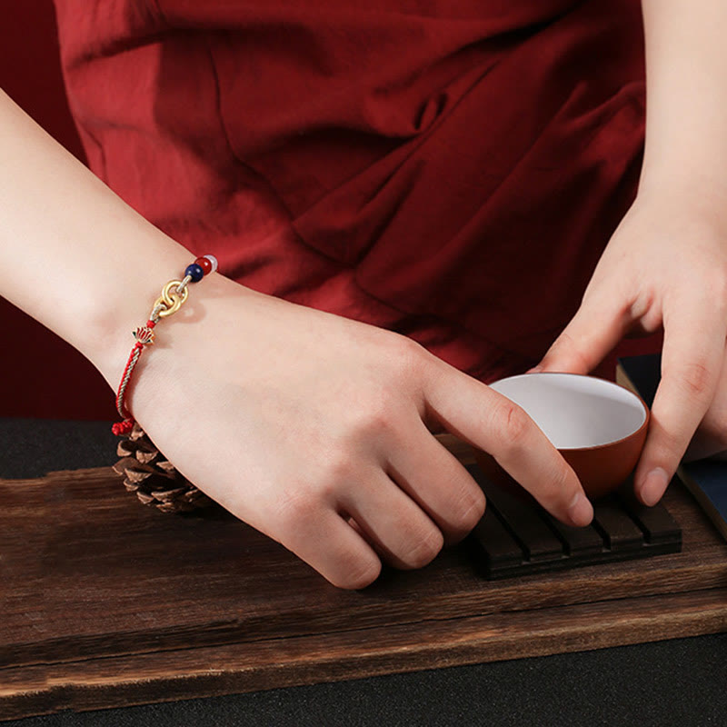925 Sterling Silver Double Ping An Kou Lotus Jade Red String Bracelet