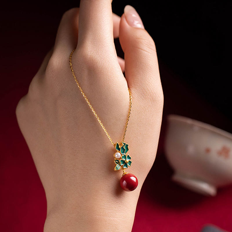 925 Sterling Silver Plated Gold Cinnabar Pearl Flower Blessing Necklace Pendant Earrings Ring Set