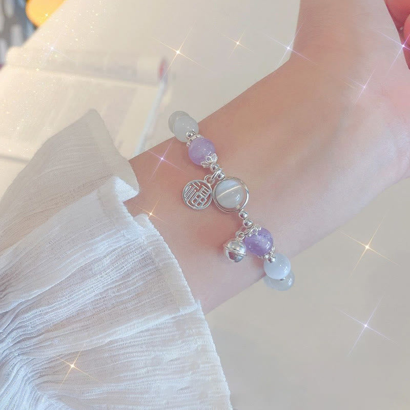 Cat's Eye Amethyst Fu Character Bell Charm Support Bracelet