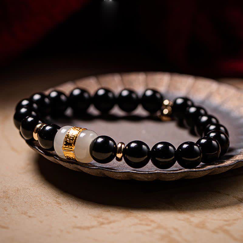 Magnetic Black Obsidian and Jade Om Mani Padme Hum Mantra Gold Plated Couple Bracelet