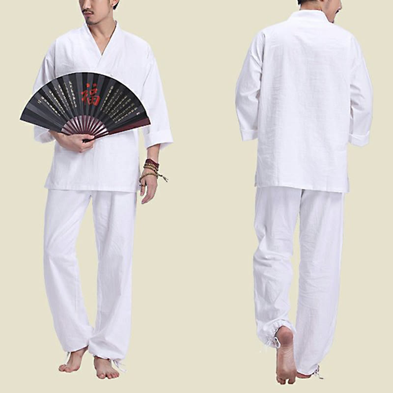 Meditation Prayer V-neck Design Cotton Linen Spiritual Zen Practice Yoga Clothing Men's Set