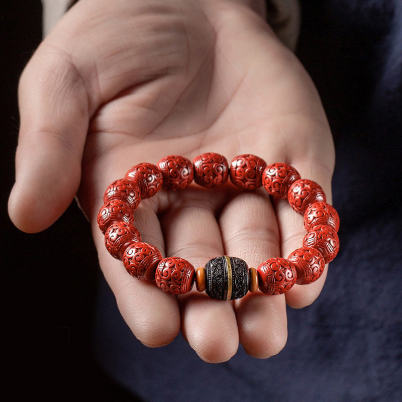 Natural Cinnabar & Ebony Wood Beaded Bracelet for Mindful Centering