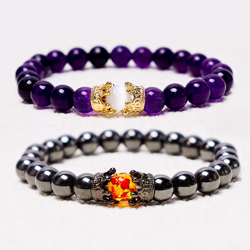 Natural Gemstone Crown Accent Beaded Couple Bracelet Set - Set of 2