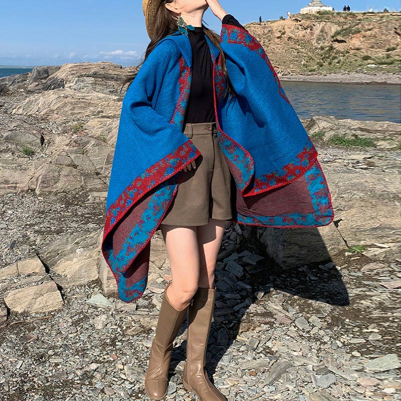 Tibetan Shawl Border Small Floral Flower Hooded Cloak Winter Cozy Travel Scarf Wrap