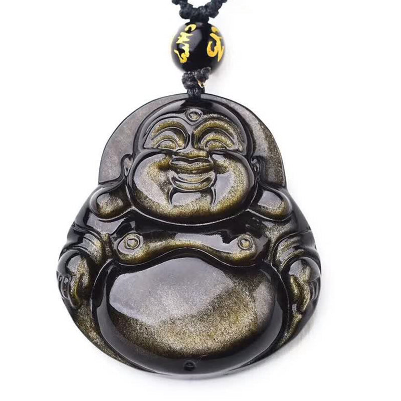 Laughing Buddha Gold Sheen Obsidian Wealth Necklace Pendant