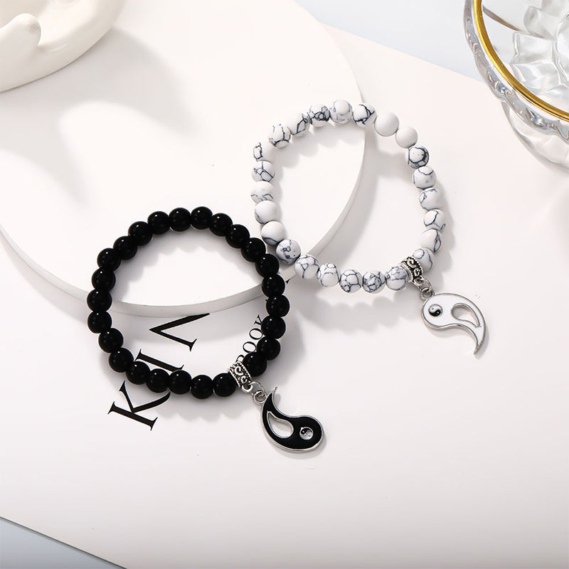 2Pcs Black Onyx White Turquoise Bead Yin Yang Protection Couple Bracelet