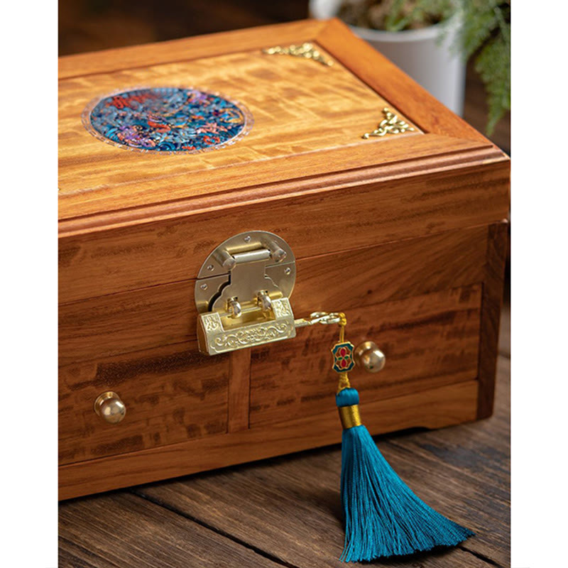 Handmade Antique Rosewood Double Layer Lockable Flower Jewelry Storage Box