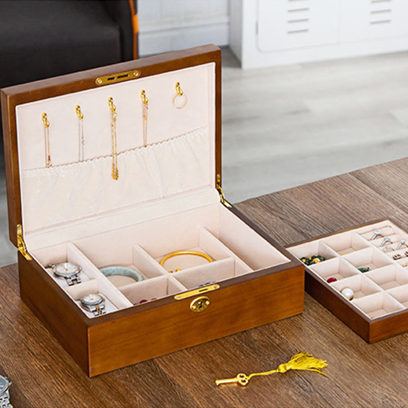 Vintage Wooden Jewelry Box Two-Layer Solid Wood Jewelry Storage Box