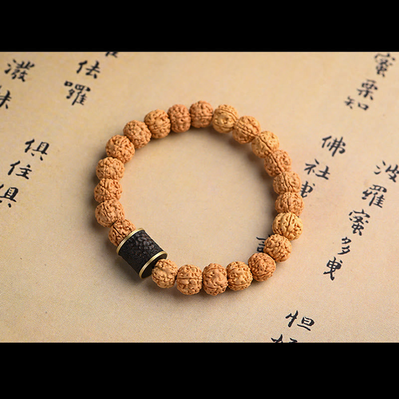 Tibetan Rudraksha & Bodhi Seed Bracelet with Hetian Jade and Gold Sheen Obsidian