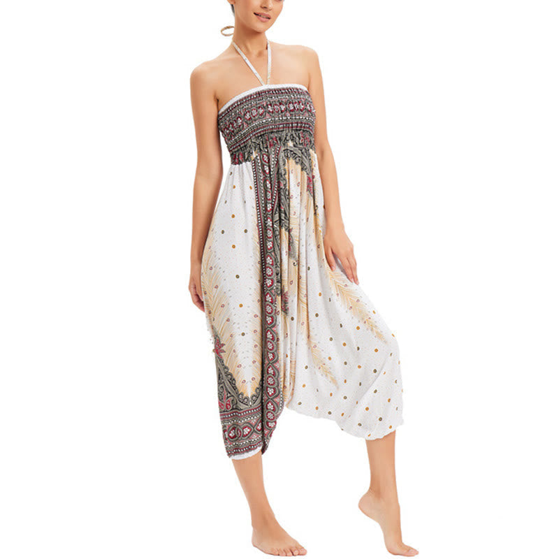 Two Style Wear Peacock Feather Loose Smocked Harem Trousers Jumpsuit High Waist Pants