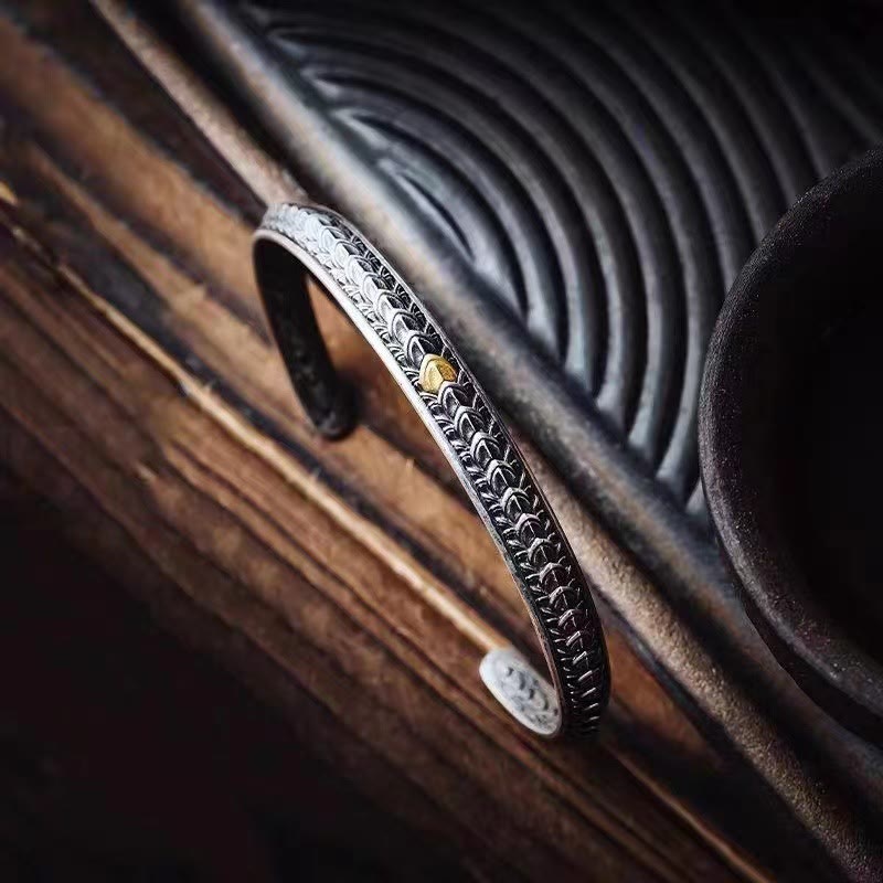 Vintage Dragon Scales Pattern Luck Wealth Cuff Bracelet Bangle