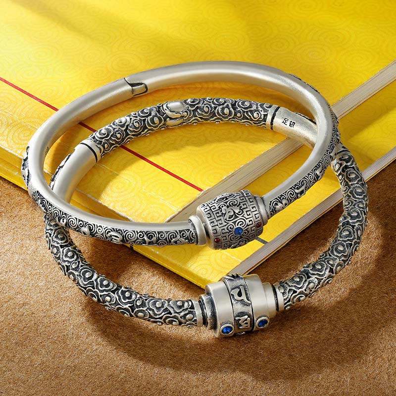 990 Fine Silver Tibetan Om Mani Padme Hum Engraved Auspicious Clouds Bangle