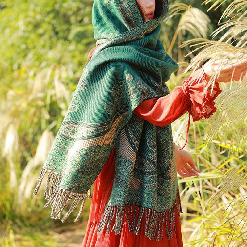 Tibetan Vine Leaves Pattern Design Shawl Cozy Travel Scarf Wrap