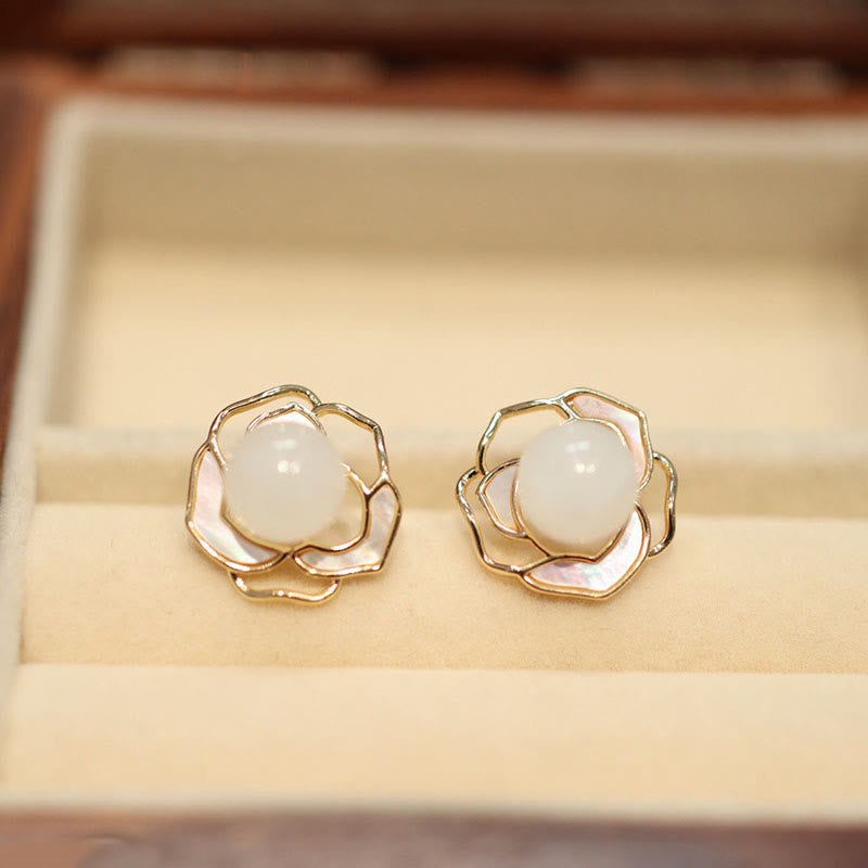 925 Sterling Silver Plated Gold Posts Hetian White Jade Tridacna Stone Camellia Flower Luck Necklace Pendant Ring Earrings