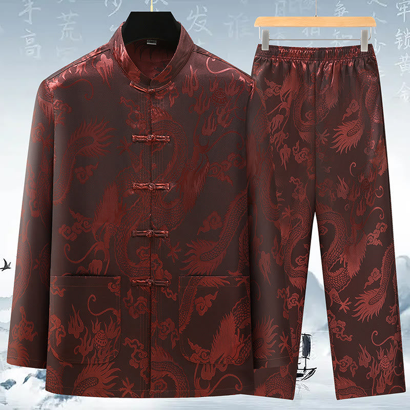 Tang Suit Men Hanfu Chinese Dragon Traditional Clothes Kung Fu Shirt Uniform Long Sleeved Coat Tops and Pants Clothing Men's Set