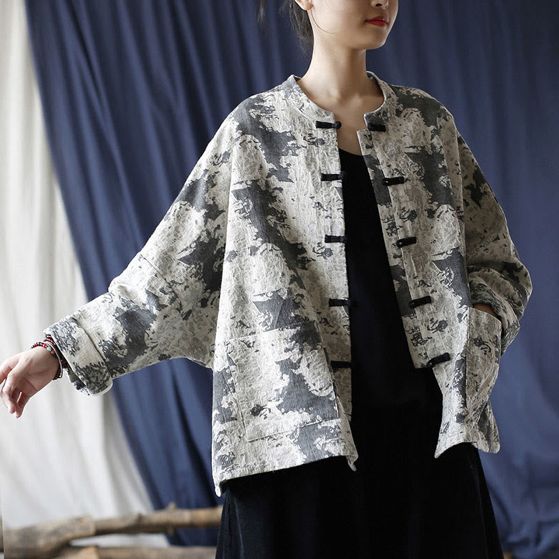 Black Gray Print Frog-button Design Long Sleeve Cotton Linen Jacket Shirt With Pockets