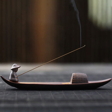 Handcrafted Ceramic Fisherman Zen Scene Healing Incense Burner