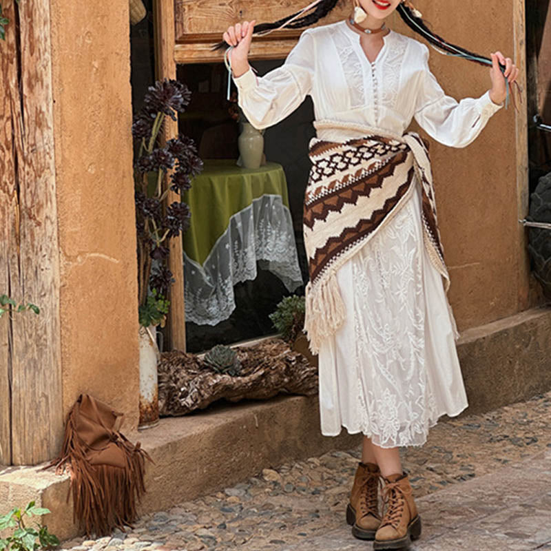 Tibetan Striped Brown Beige Tassel Shawl Winter Cozy Travel Scarf Wrap