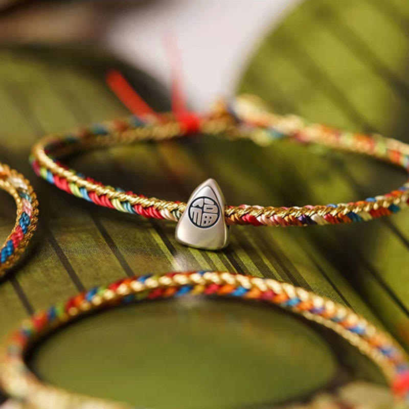 925 Sterling Silver Fu Character Zongzi Pattern Multicolored String Luck Handmade Braided Bracelet