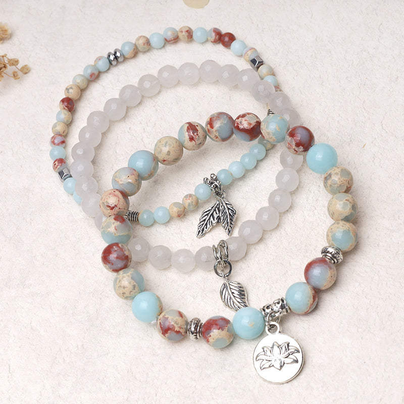 3PCS Natural Gemstone Beaded Lotus Charm Bracelet Set