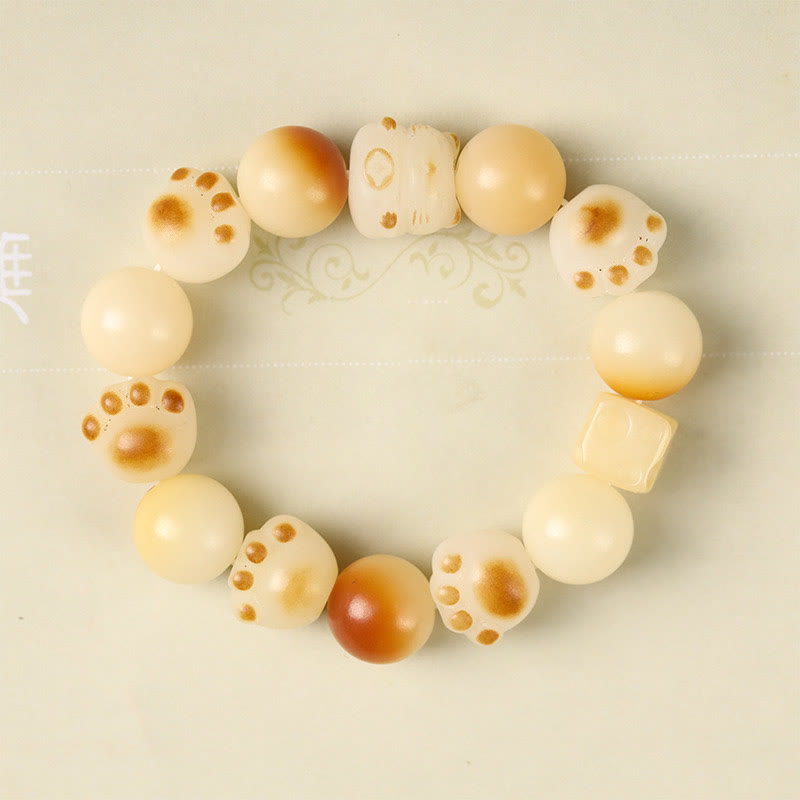 Natural Bodhi Seed Sandalwood Lucky Cute Cat Head Paw Claw Peace Bracelet